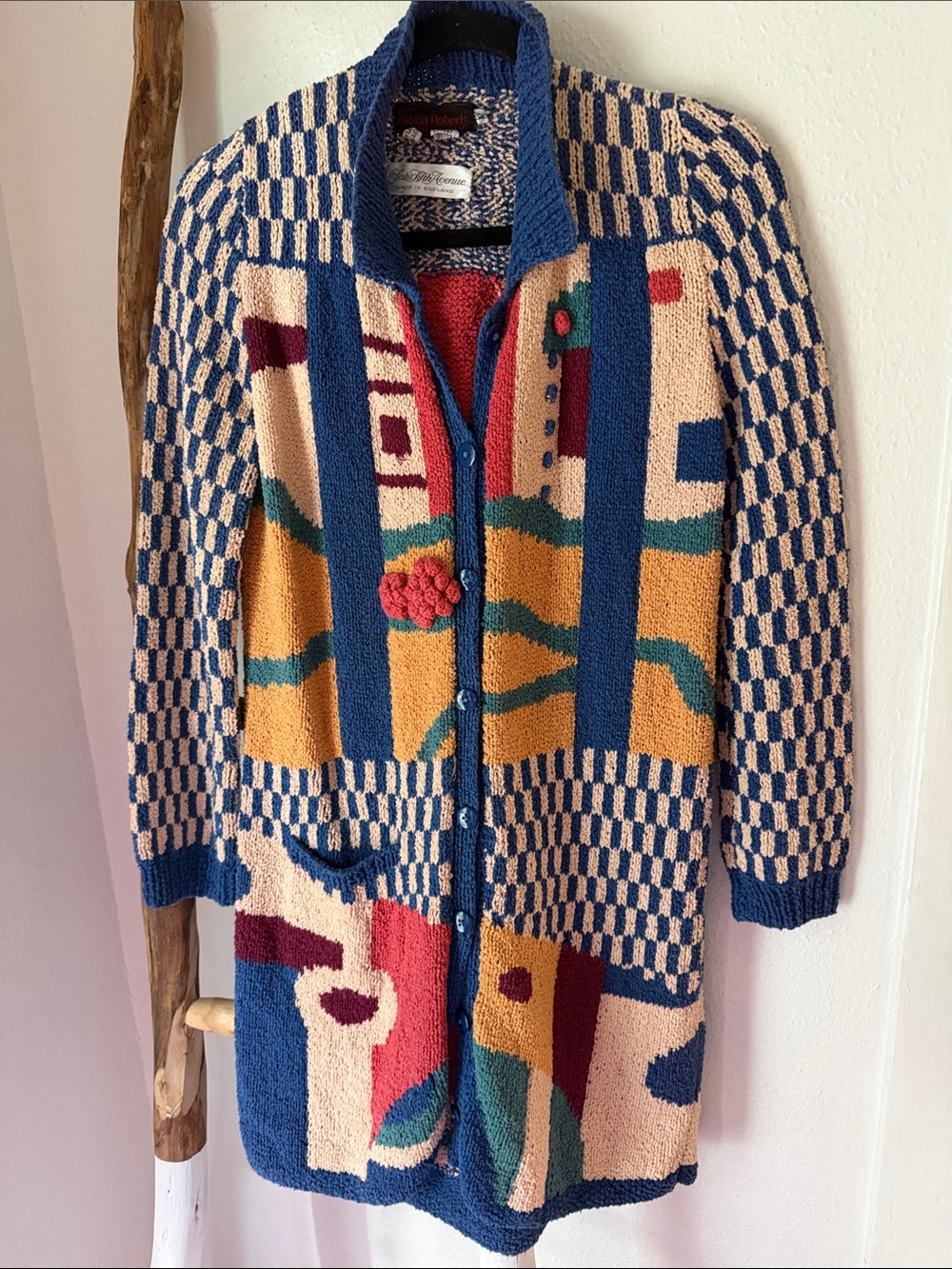 Vintage Patricia Roberts Multicolor Patterned Checkered Art Long Cardigan Cotton